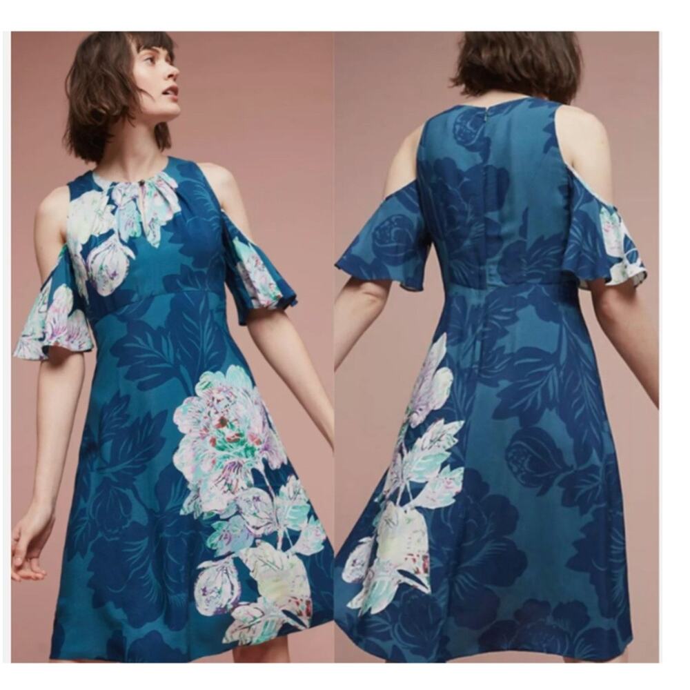 Maeve Dress Women's SZ 6 Blue Floral Cold Shoulder Midi Lined Sleeveless Summer